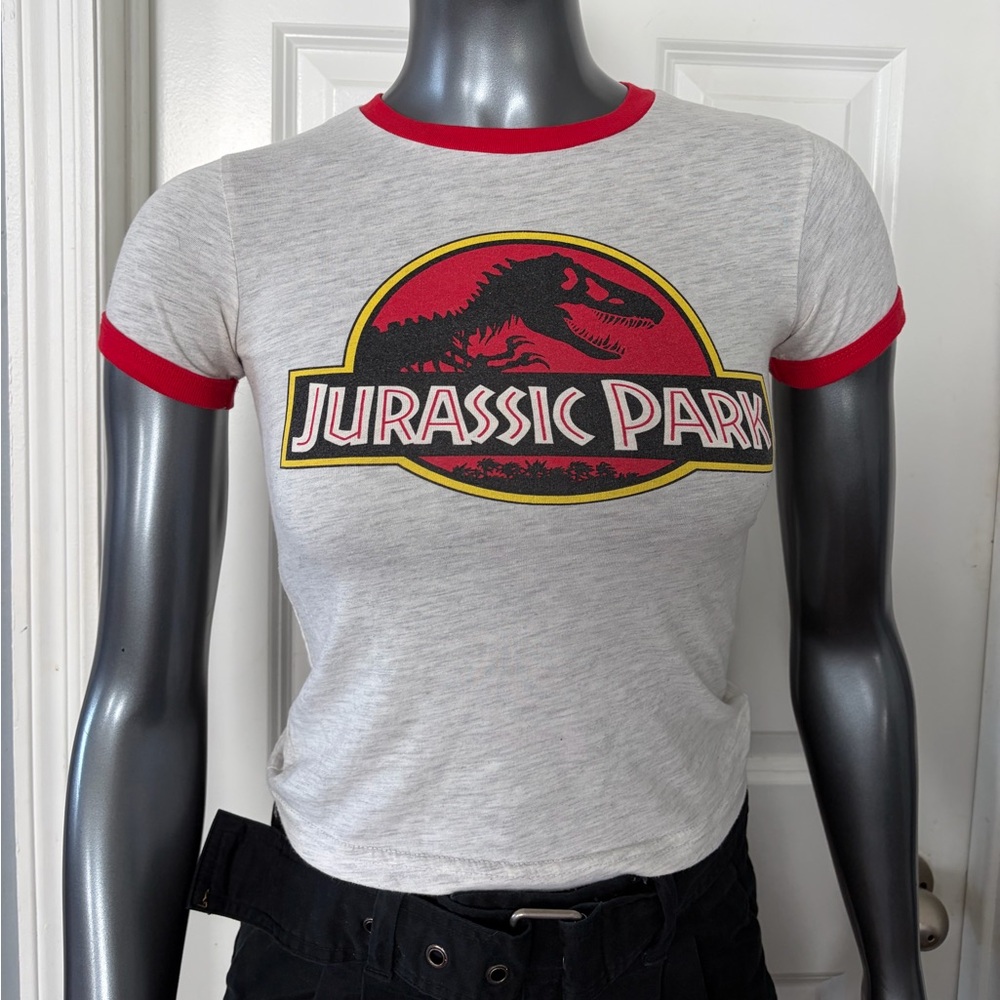 Gray Jurassic Park Graphic Red Trim Ringer Baby Tee
